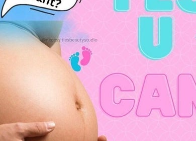 Pregnant woman holds belly in vibrant poster at Necessities Beauty Studio, Mandeville, Manchester Parish, JM.