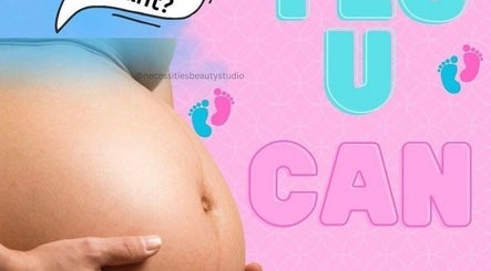 Pregnant woman holds belly in vibrant poster at Necessities Beauty Studio, Mandeville, Manchester Parish, JM.