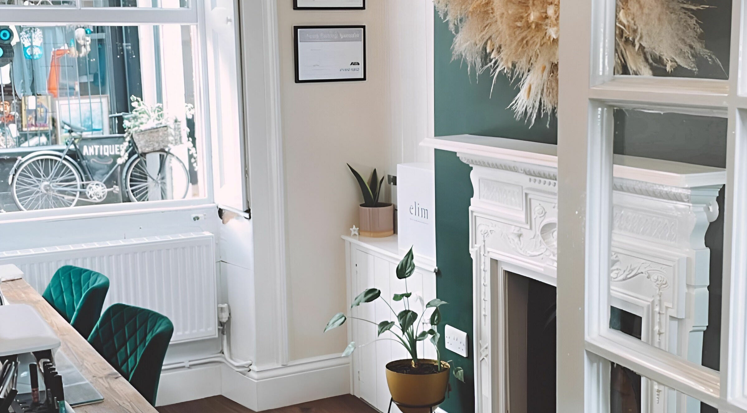 Chic interior of Preen Manicurist at King's Lynn, England, GB showcasing a stylish fireplace and vibrant greenery.