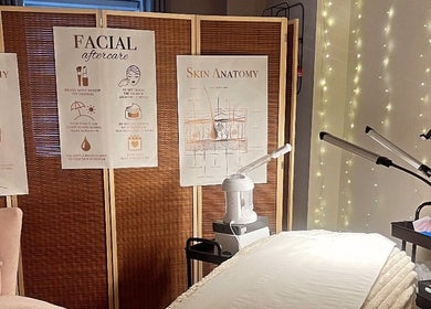 Tranquil treatment room at Rhijuvenate Skin & Healing in Royston, England, GB with soothing lighting and facial care decor.