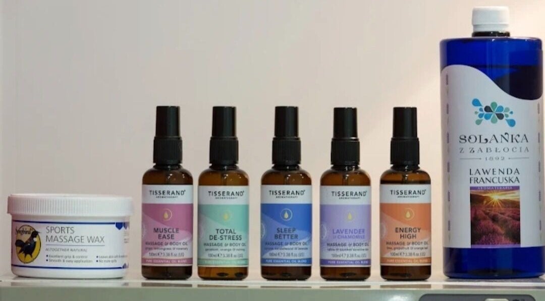 Aromatherapy oils and massage products at Dragonfly Therapy, London, GB enhance relaxation and wellness experiences.