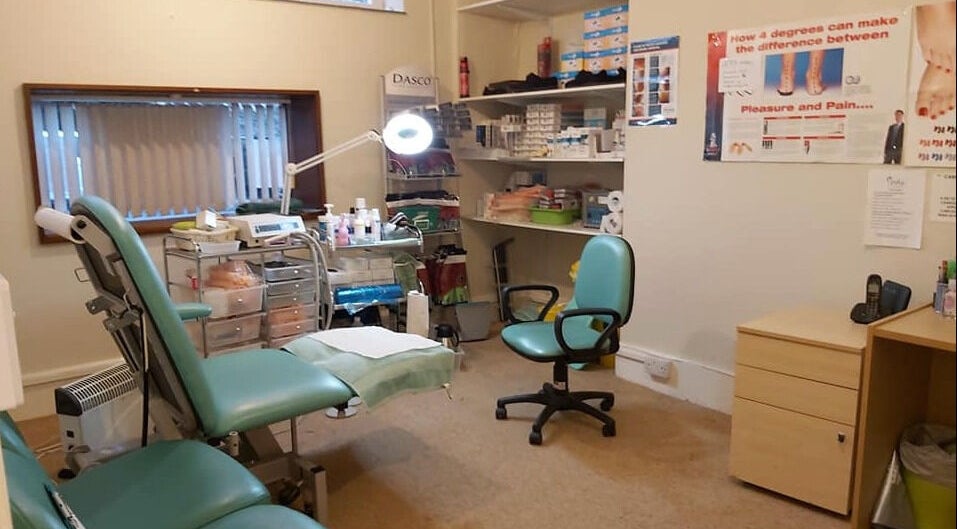 Interior of Pods Footcare Specialists in Beccles, England, GB, showcasing a neatly arranged footcare treatment room.