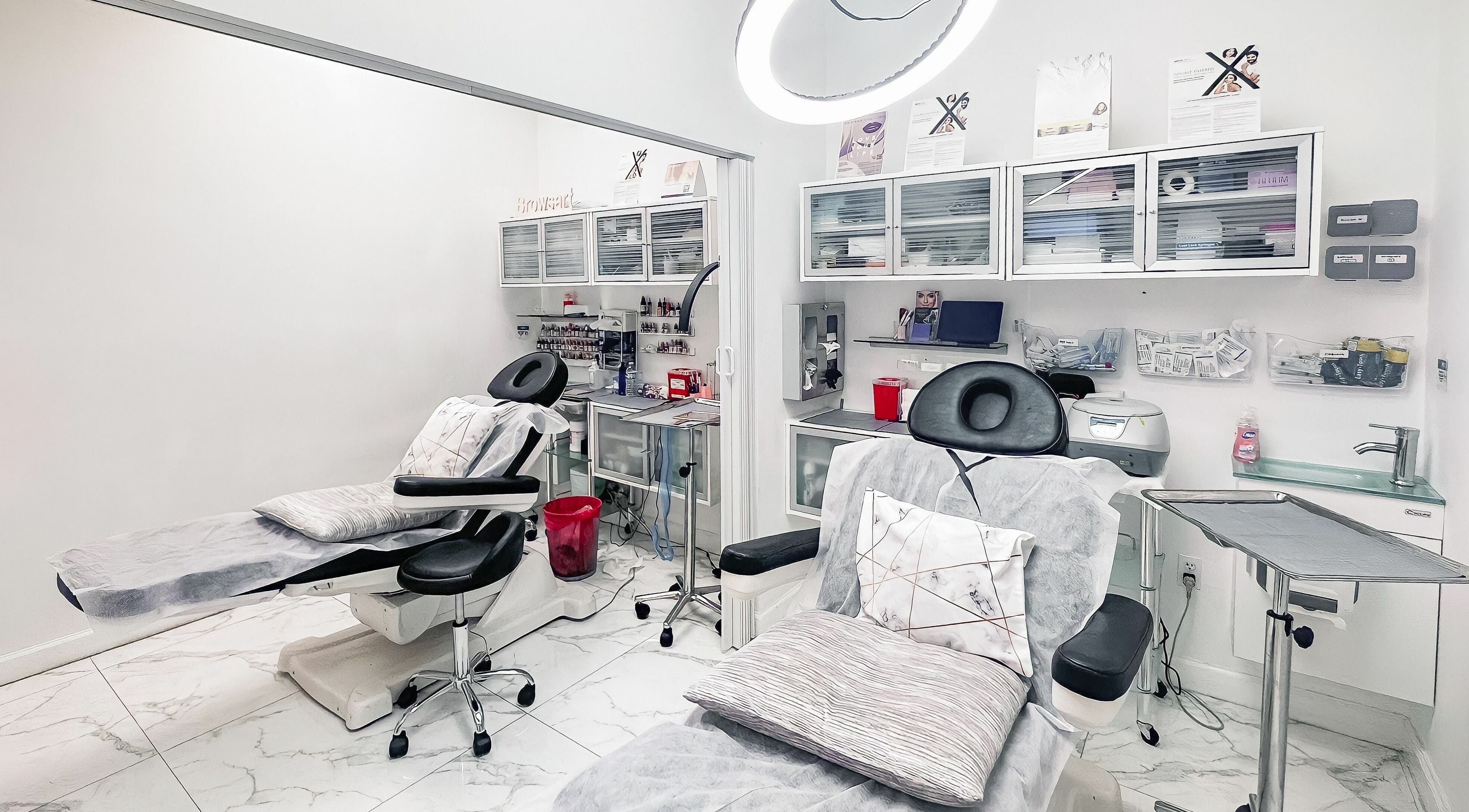 Modern treatment room at Med Spa Marija, Boca Raton, Florida, US, featuring stylish chairs and chic decor.