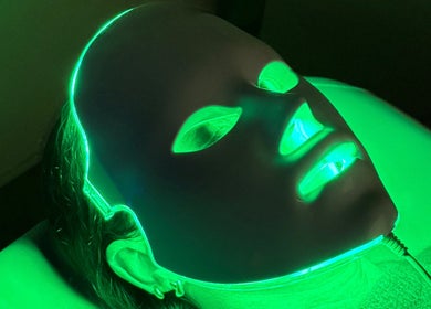 LED facial mask treatment at Saunapod, Falmouth, England, GB, offering rejuvenating light therapy.