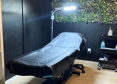 Calming treatment room at MicroMeeks Skin Studio, Port Coquitlam, British Columbia, CA with spa bed and ambient light.