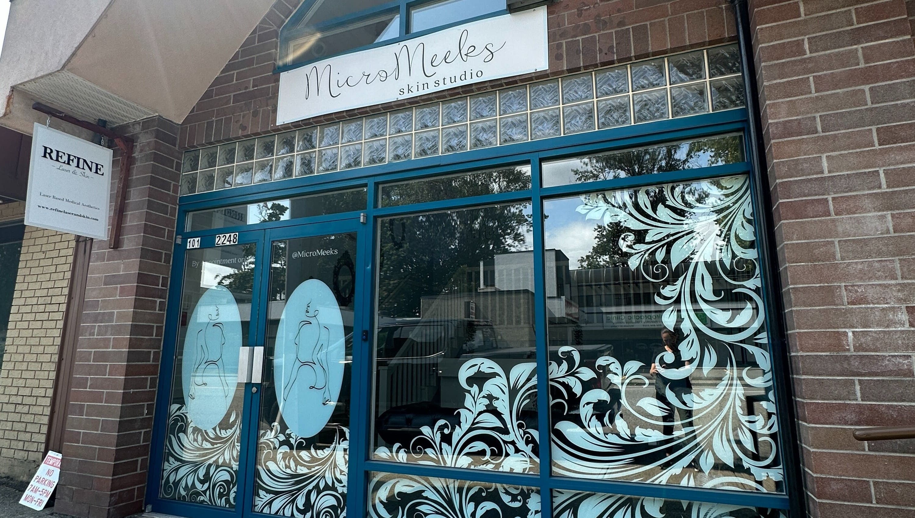 MicroMeeks Skin Studio facade with floral decor in Port Coquitlam, British Columbia, CA.