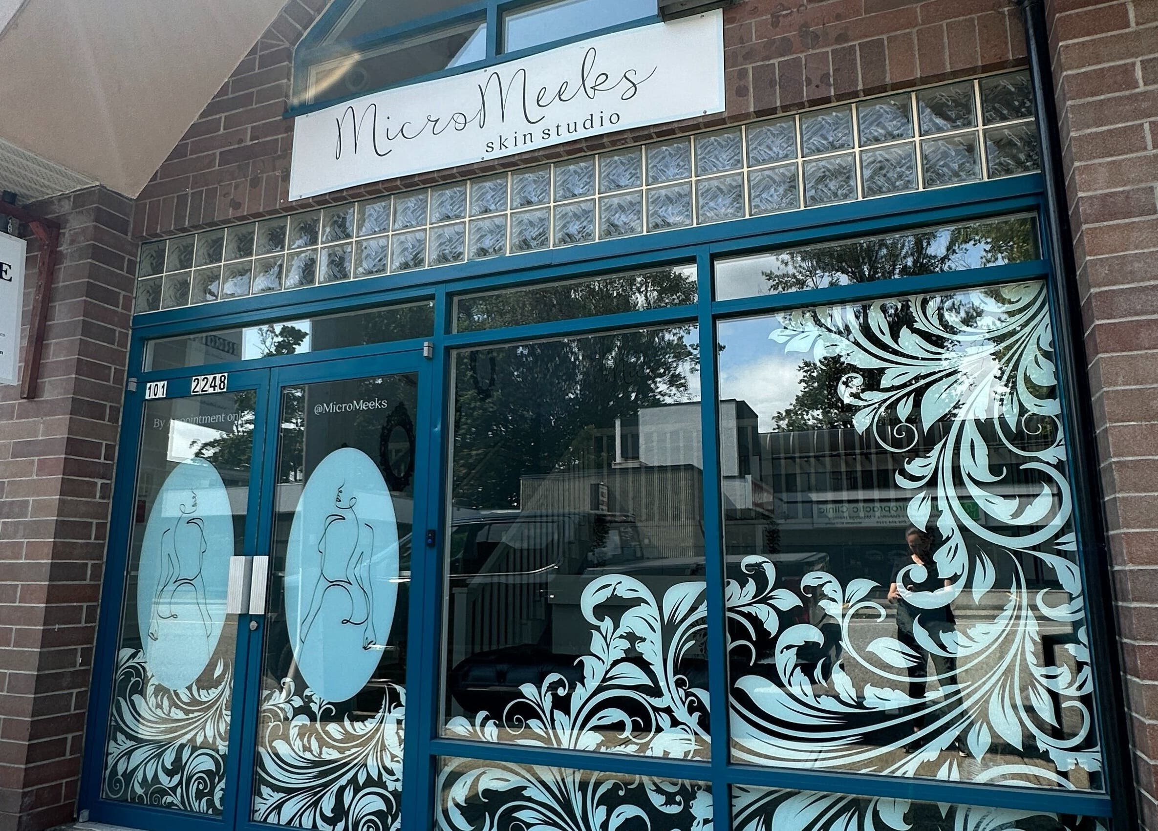 MicroMeeks Skin Studio facade with floral decor in Port Coquitlam, British Columbia, CA.