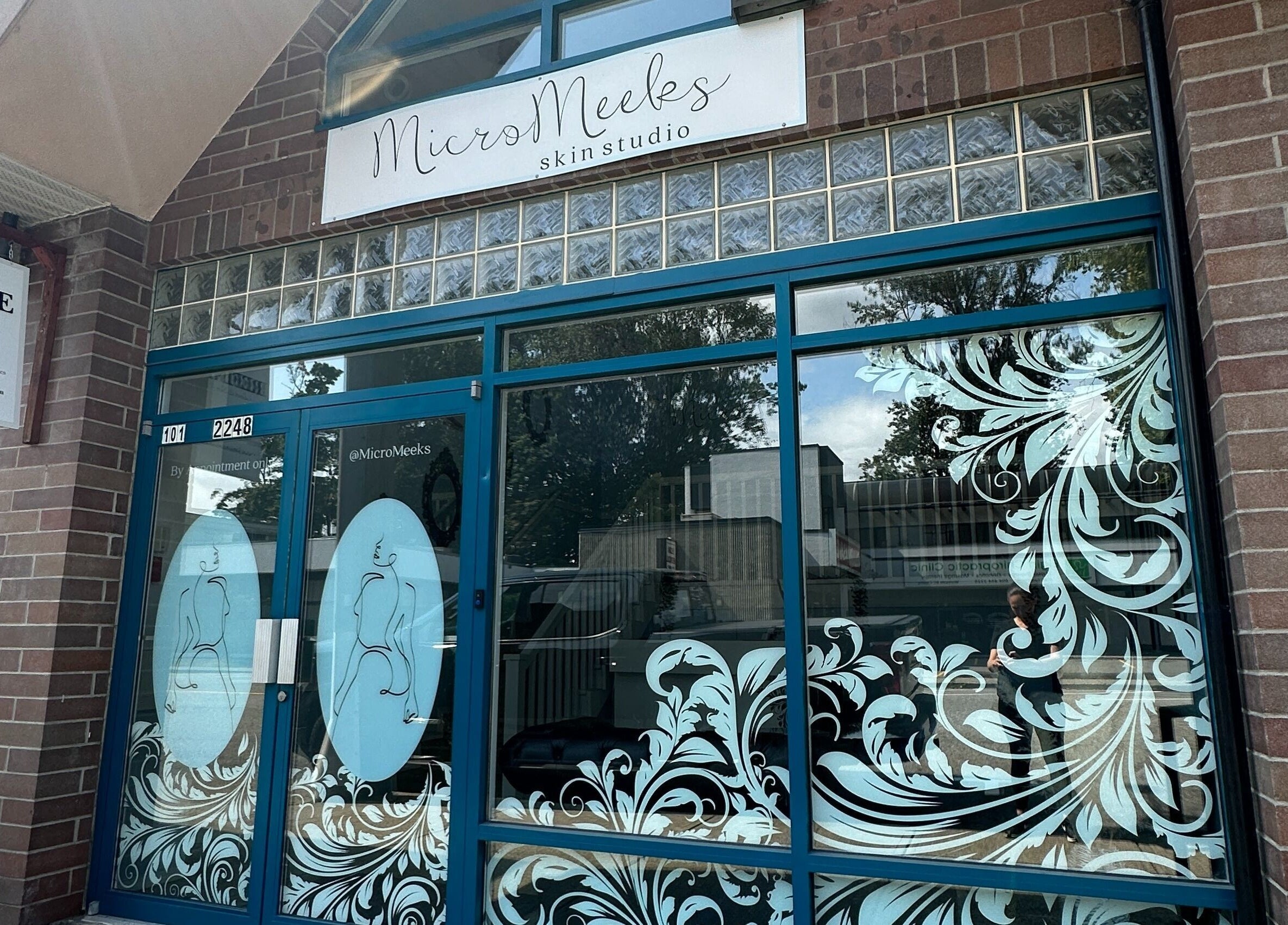 MicroMeeks Skin Studio facade with floral decor in Port Coquitlam, British Columbia, CA.