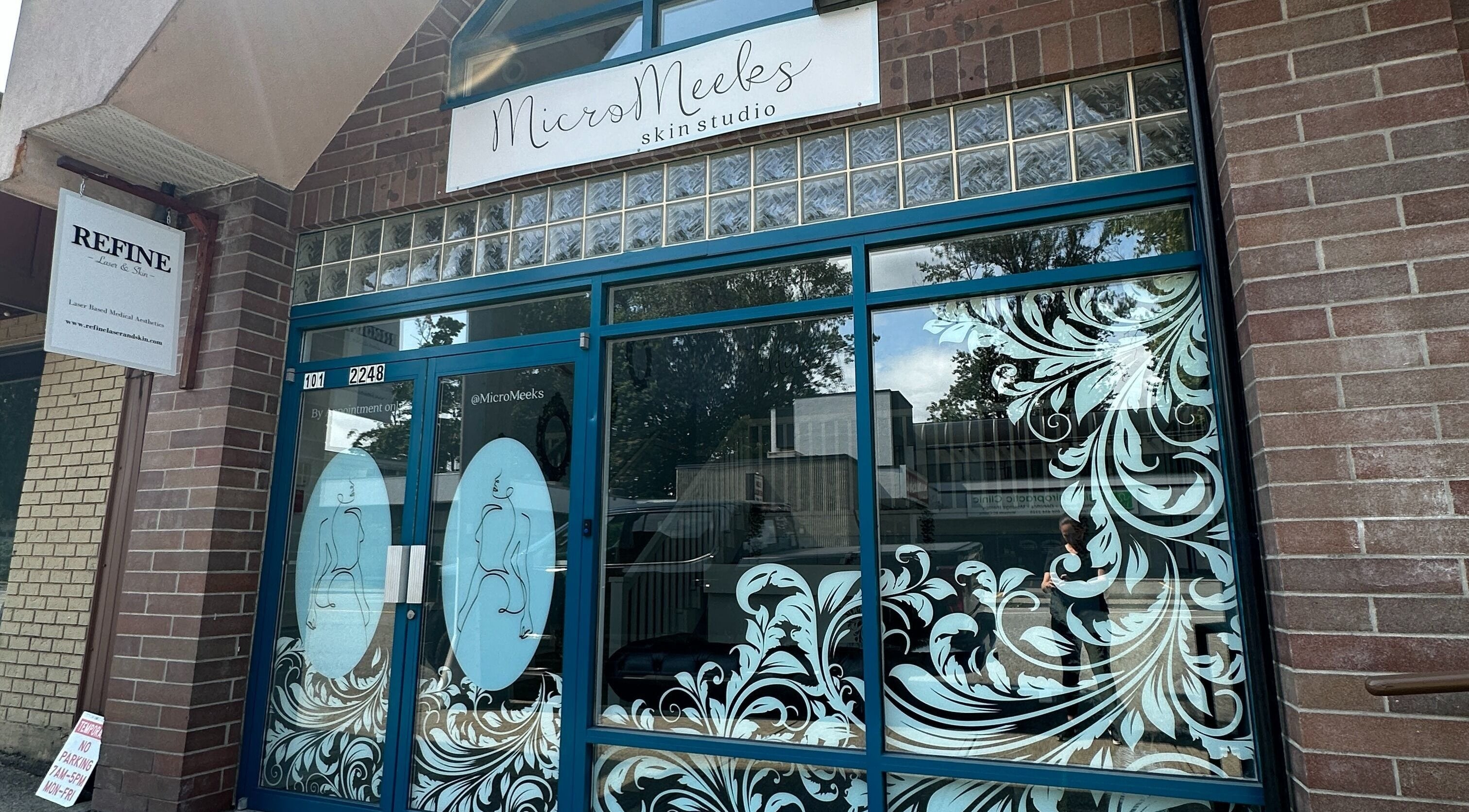 MicroMeeks Skin Studio facade with floral decor in Port Coquitlam, British Columbia, CA.