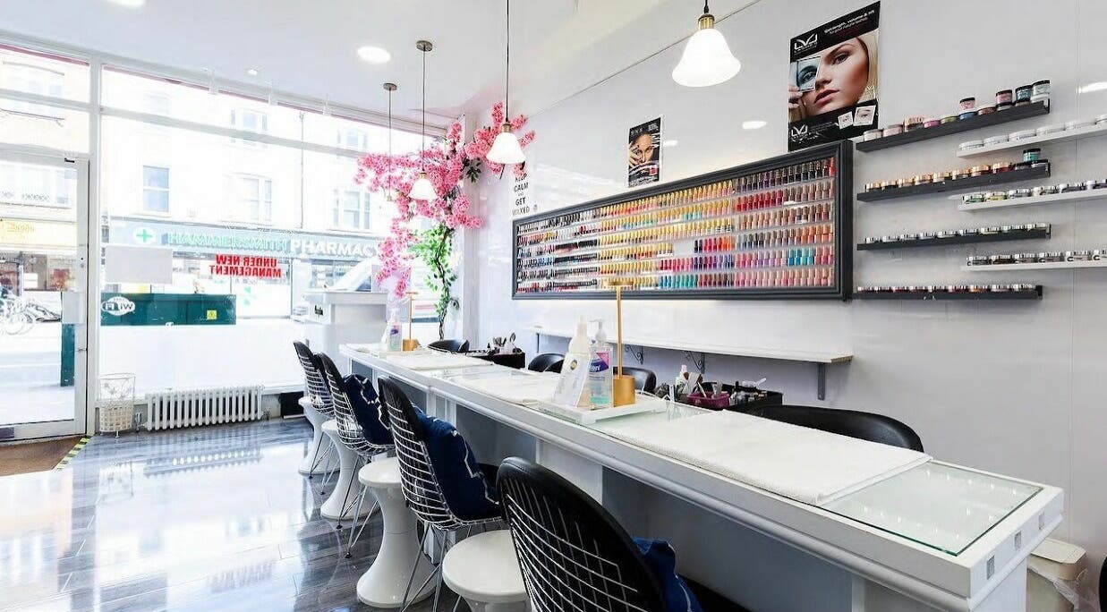 Princess Nails and Beauty salon interior showcasing vibrant polish selection in London, England, GB.