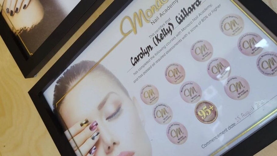 Nail certification displayed at Nails by Kelly, Waipu, Northland, NZ showing accredited courses and achievements.