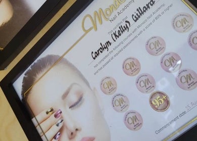 Nail certification displayed at Nails by Kelly, Waipu, Northland, NZ showing accredited courses and achievements.