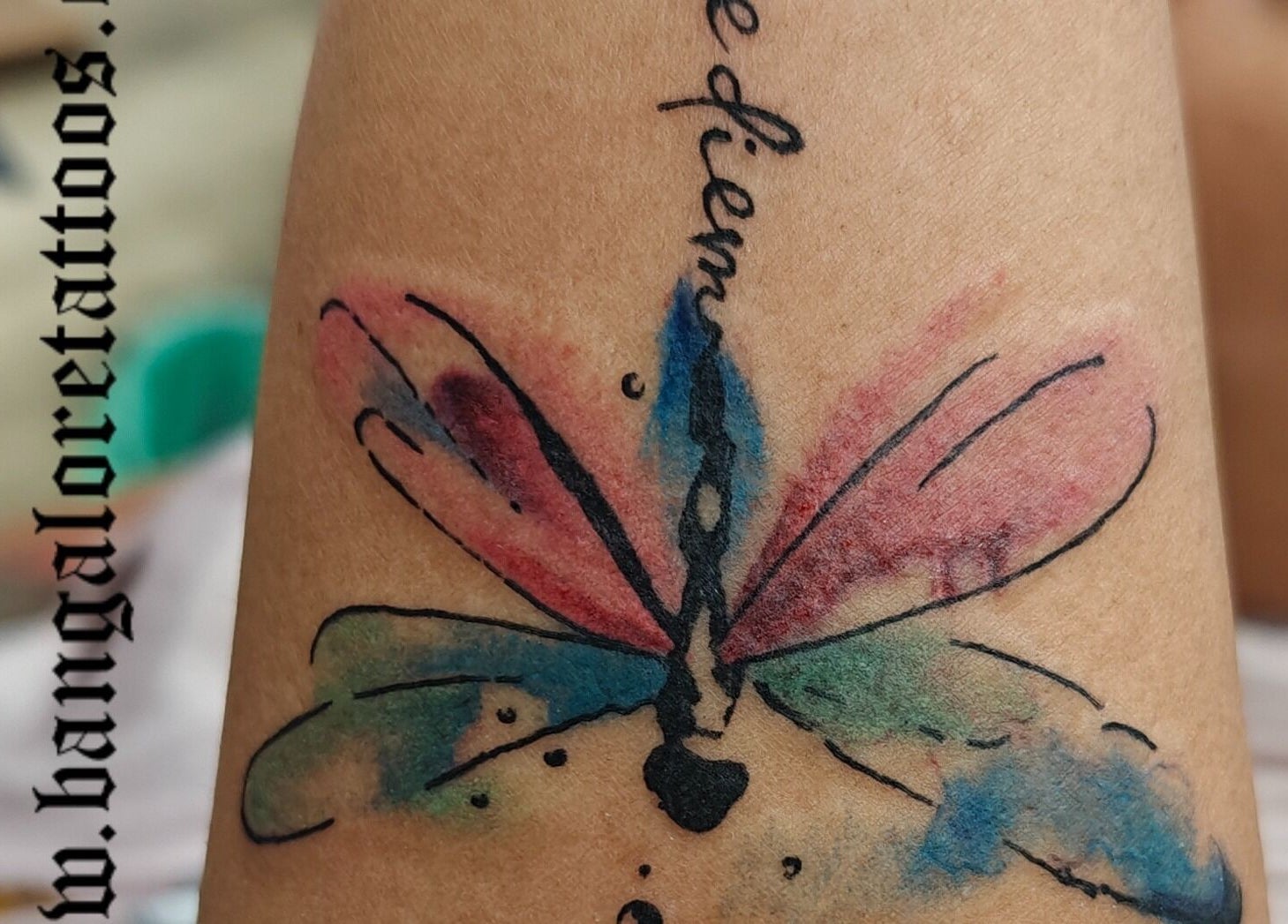 Colorful dragonfly tattoo design at Dark Arts The Tattoo Studio, Bengaluru, Karnataka, IN.