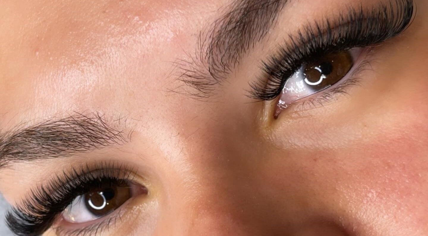 Close-up of beautifully enhanced eyelashes at Veiled Beauty Bar, Browns Plains, Queensland, AU.