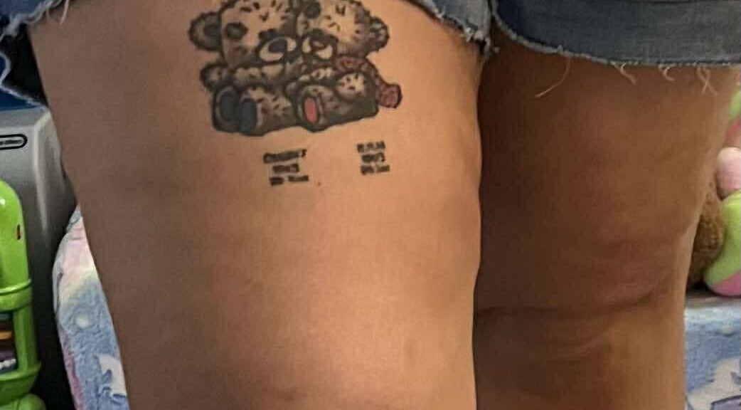 A detailed bear tattoo on a leg at Spray&Glow Leeds, showcasing creative tattoo artistry in Leeds, England, GB.