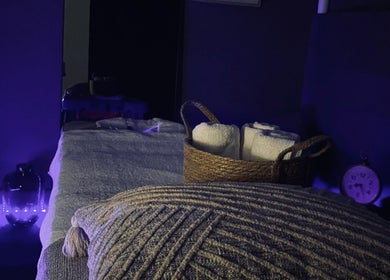 Cozy relaxation room with soft lighting at Body Shop Studio For Men, Cape Town, ZA.
