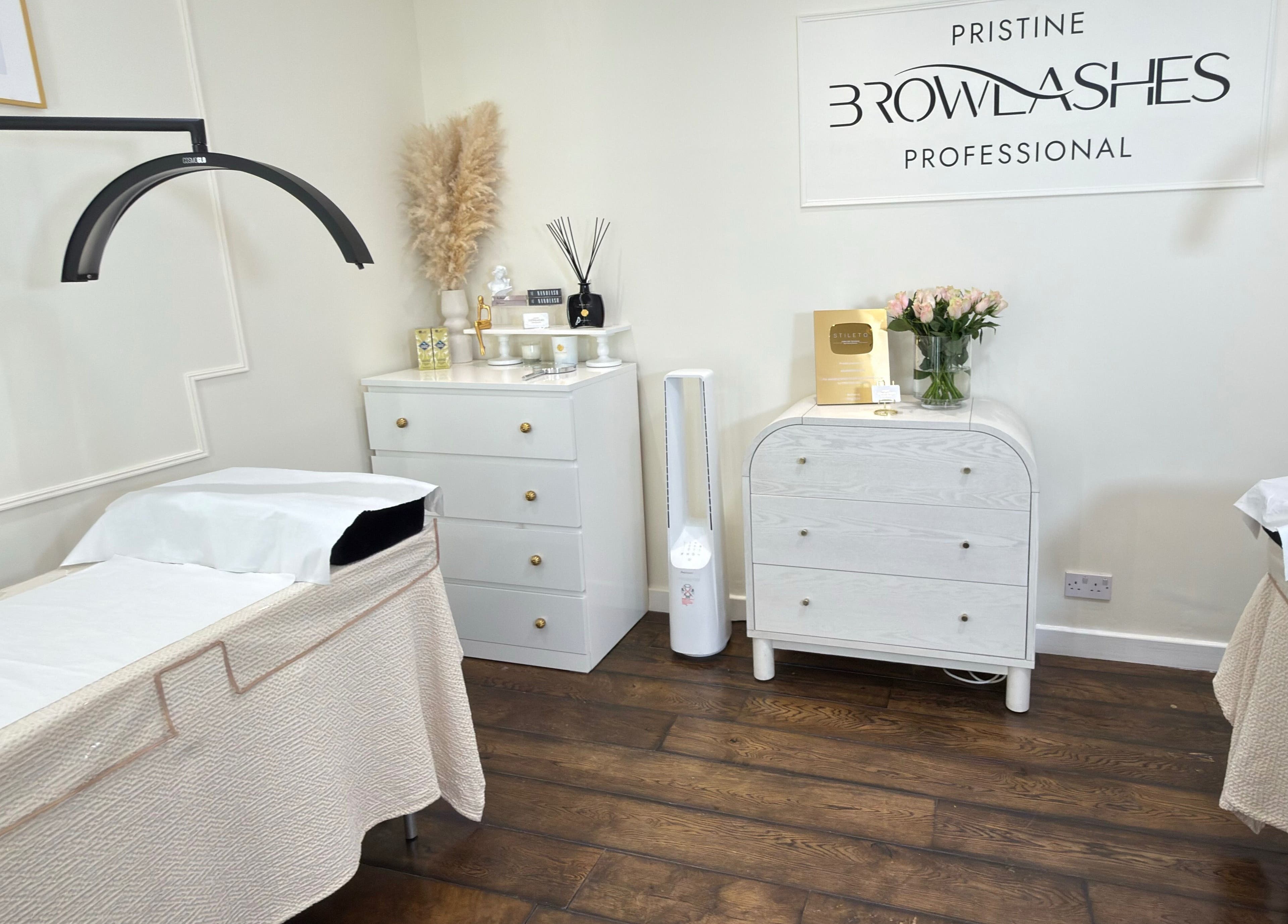 Calming and stylish treatment room at Pristine BrowLashes Professional, London, England, GB.
