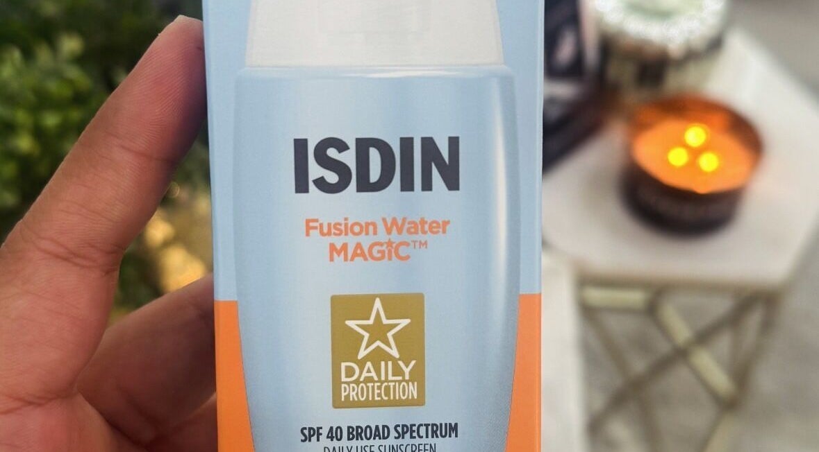 Close-up of ISDIN sunscreen bottle at Bliss Spa & Wellness, San Juan, San Juan, PR.