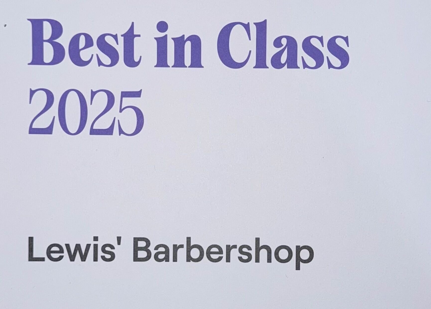 Best in Class 2025 award for Lewis' Barbershop, Cambridge, England, GB.