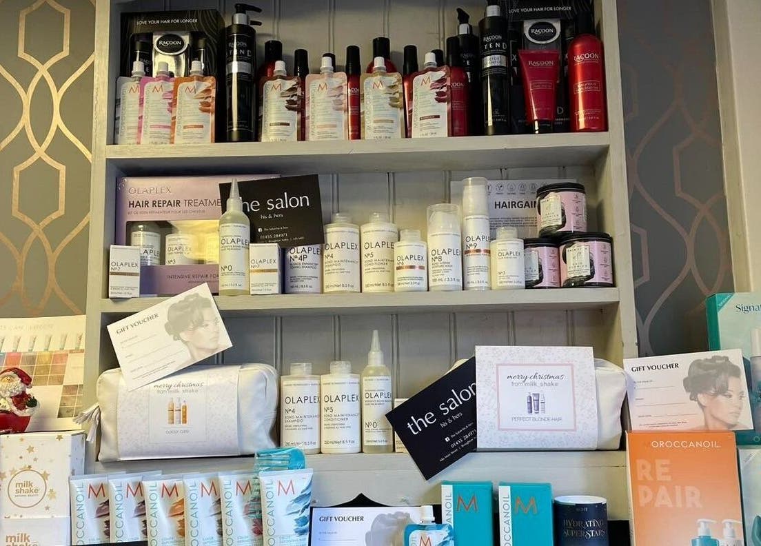 Diverse beauty products on display at The Salon His and Hers Broughton Astley, Broughton Astley, England, GB.