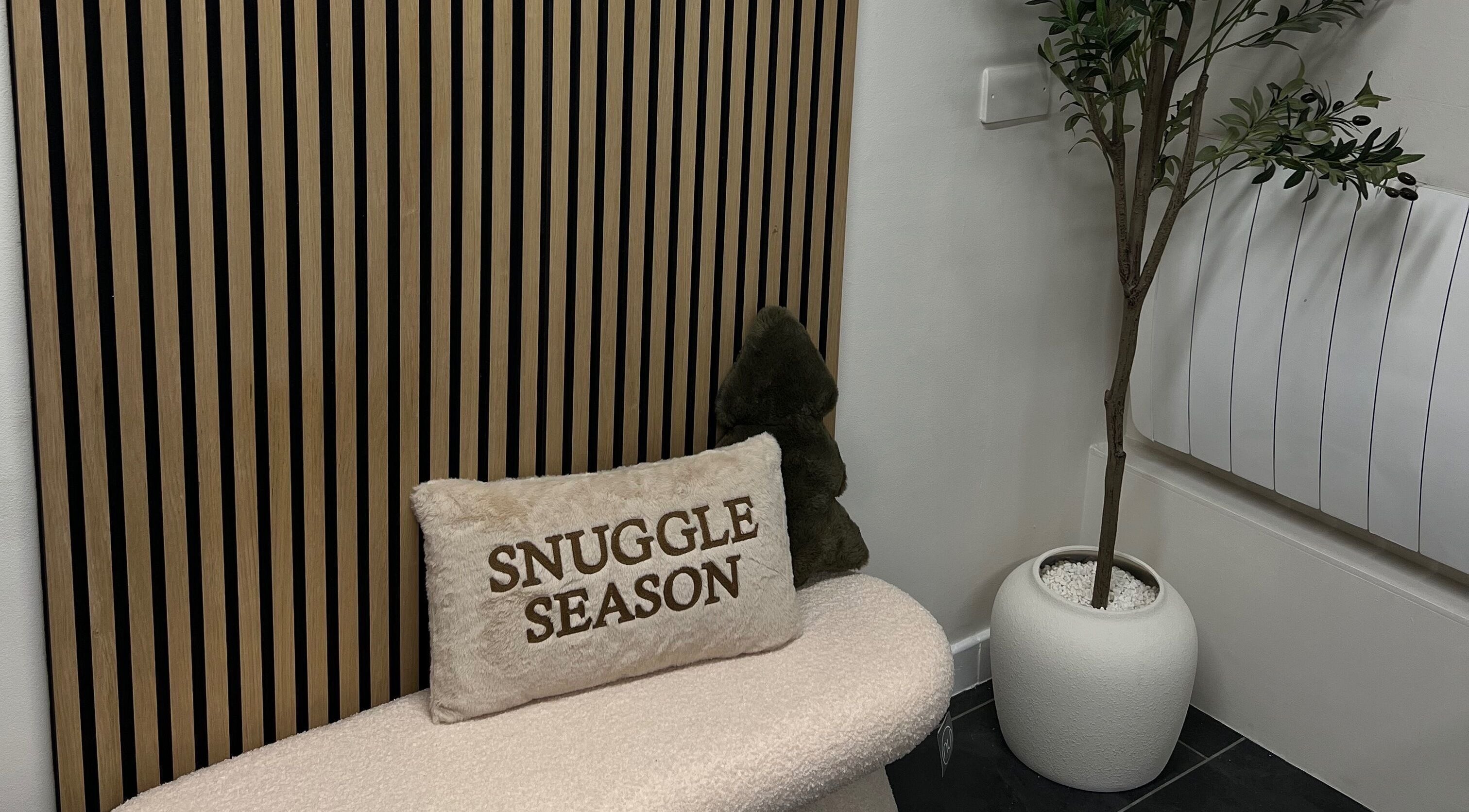 Cozy seating at Blush and Bloom Cosmetics, Nantwich, England, GB with pillows and a decorative plant.