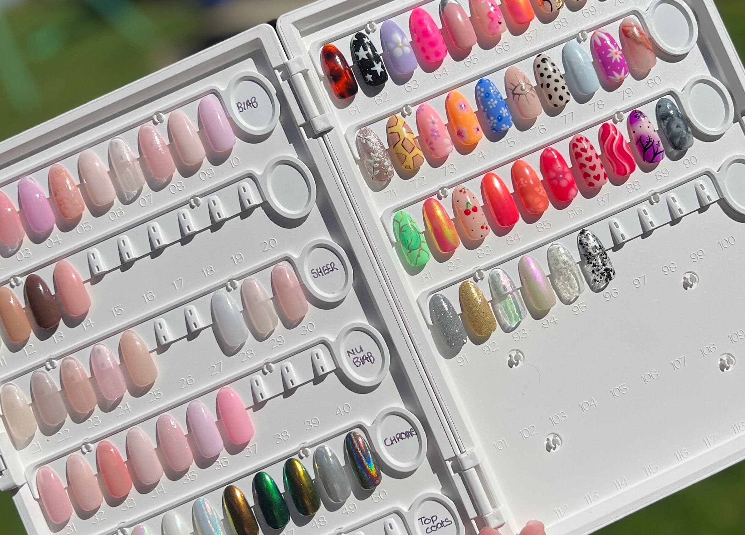 Colorful nail palette display at The Beauty Hideaway, Tadcaster, England, GB.