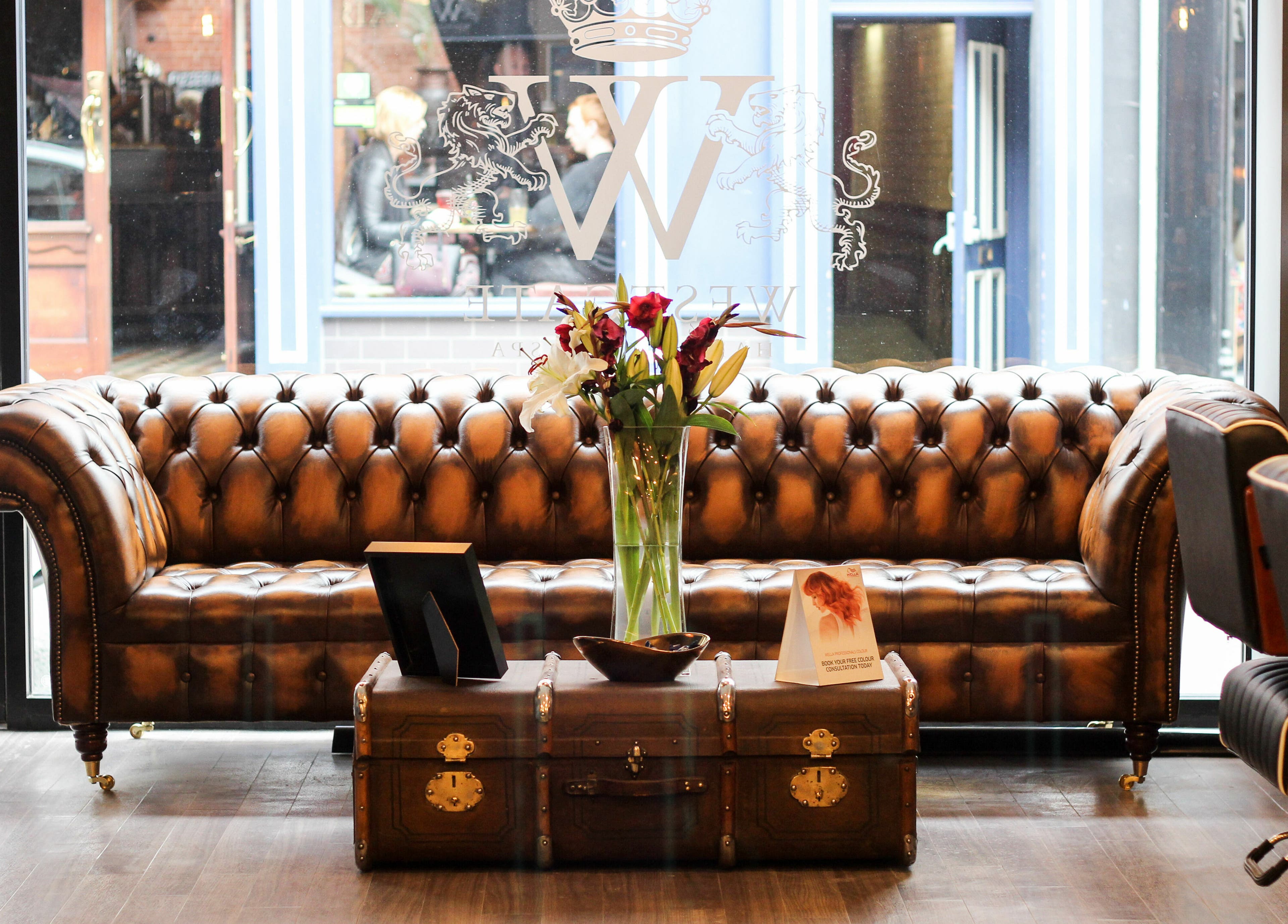 Luxurious leather sofa at Westgate Hair Lounge, York, England, GB, creating a sophisticated salon ambiance.