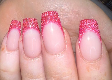 Glittery pink tipped nails at Louise Doherty Beauty and Nails, Glasgow, Scotland, GB.