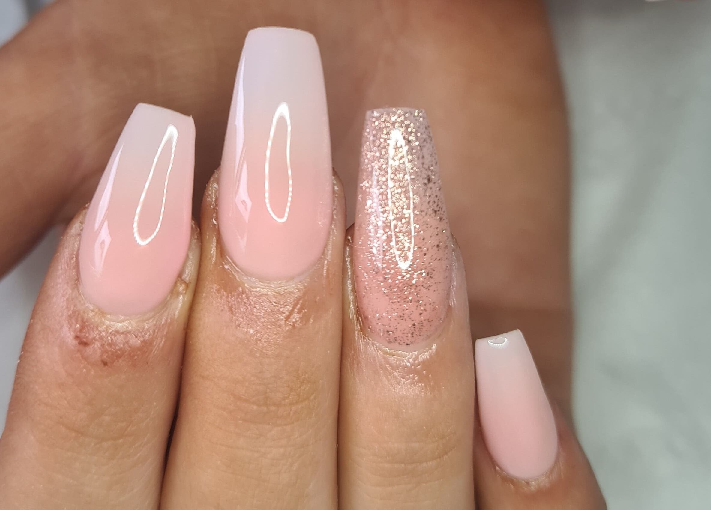 Elegant pink and glitter nails by Louise Doherty Beauty and Nails, Glasgow, Scotland, GB.