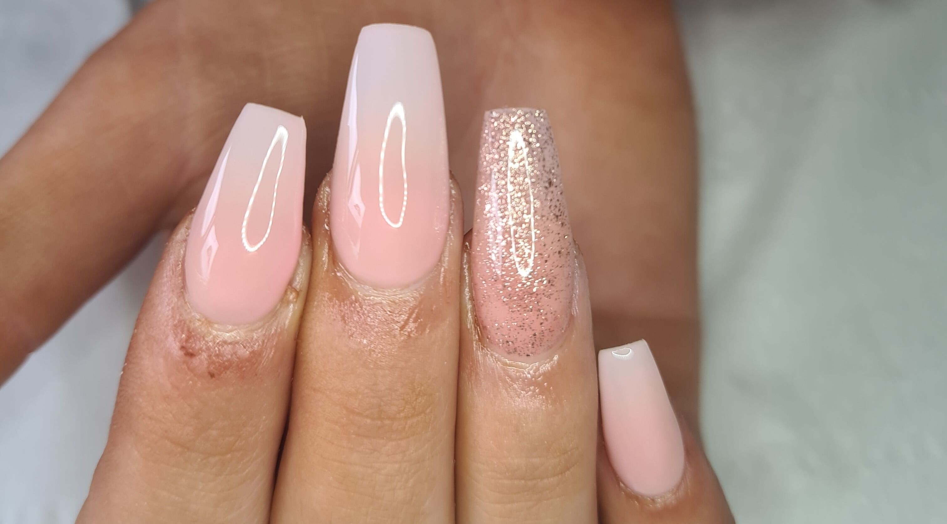Elegant pink and glitter nails by Louise Doherty Beauty and Nails, Glasgow, Scotland, GB.