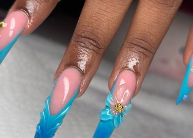 Stylish blue nail art by Pressed Nails, Bridgetown, Saint Michael, BB featuring intricate gold accents.