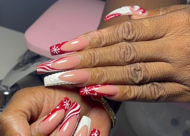 Intricate festive nail art at Pressed Nails, Bridgetown, Saint Michael, BB showcasing holiday elegance.