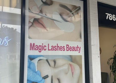 Magiclash Brea storefront window display showcasing lash treatment ads in Brea, California, US.