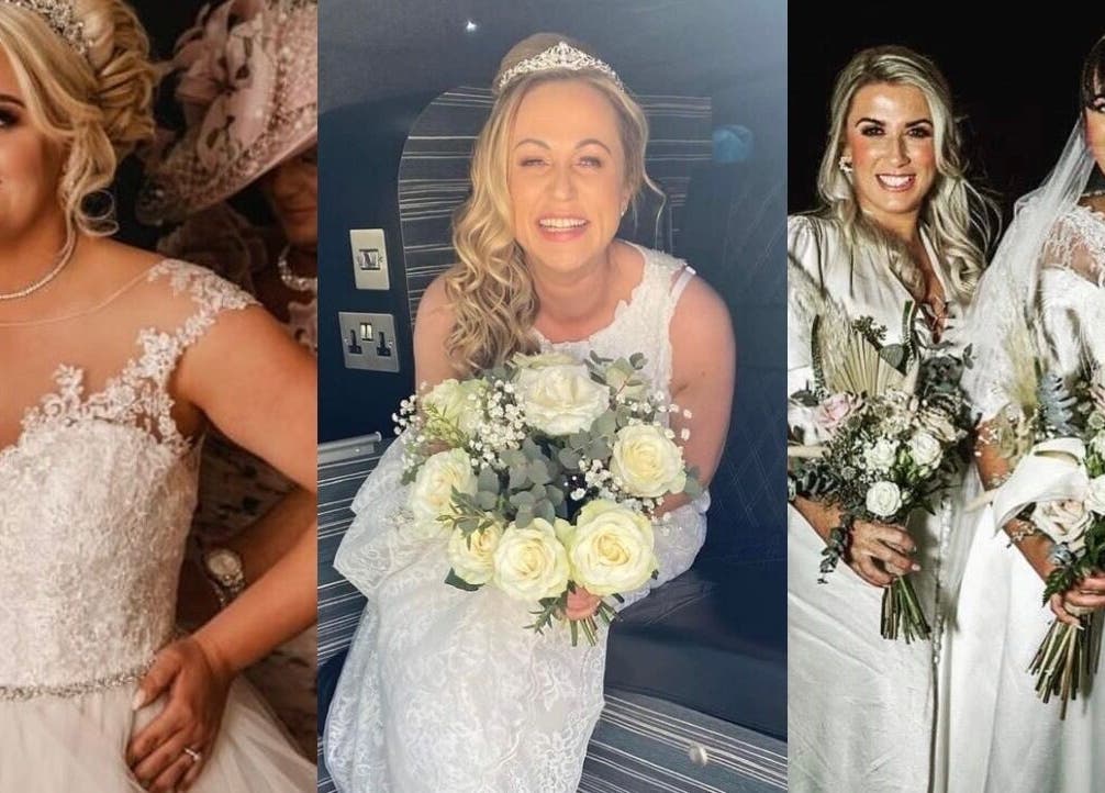Brides glowing at The Tan Studio, Middlesbrough, England, GB in elegant white gowns with radiant smiles.
