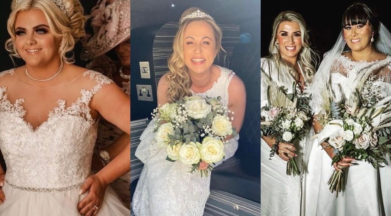 Brides glowing at The Tan Studio, Middlesbrough, England, GB in elegant white gowns with radiant smiles.