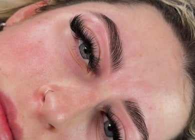 Close-up of styled brows and lashes at Brow Babes - BrowZ by Harry, Truro, England, GB.