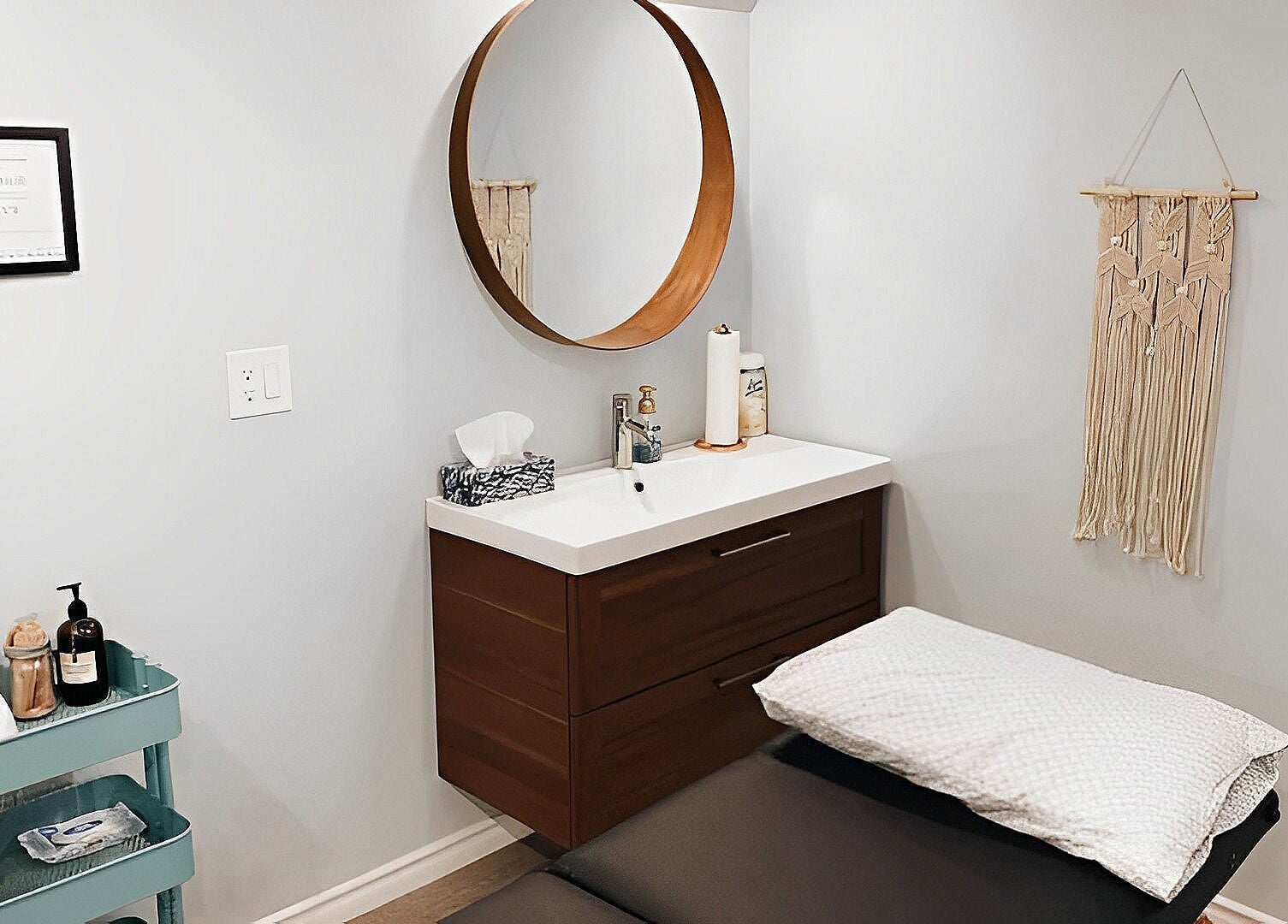 Elegant vanity area at Esthetics by Nikki in Hamilton, Ontario, CA, featuring modern design and soothing decor.