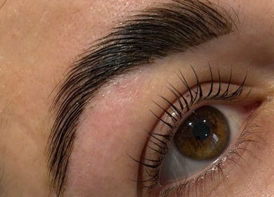 Close-up of styled eyebrow and eyelashes at The Beauty Room, Princes Risborough, England, GB.