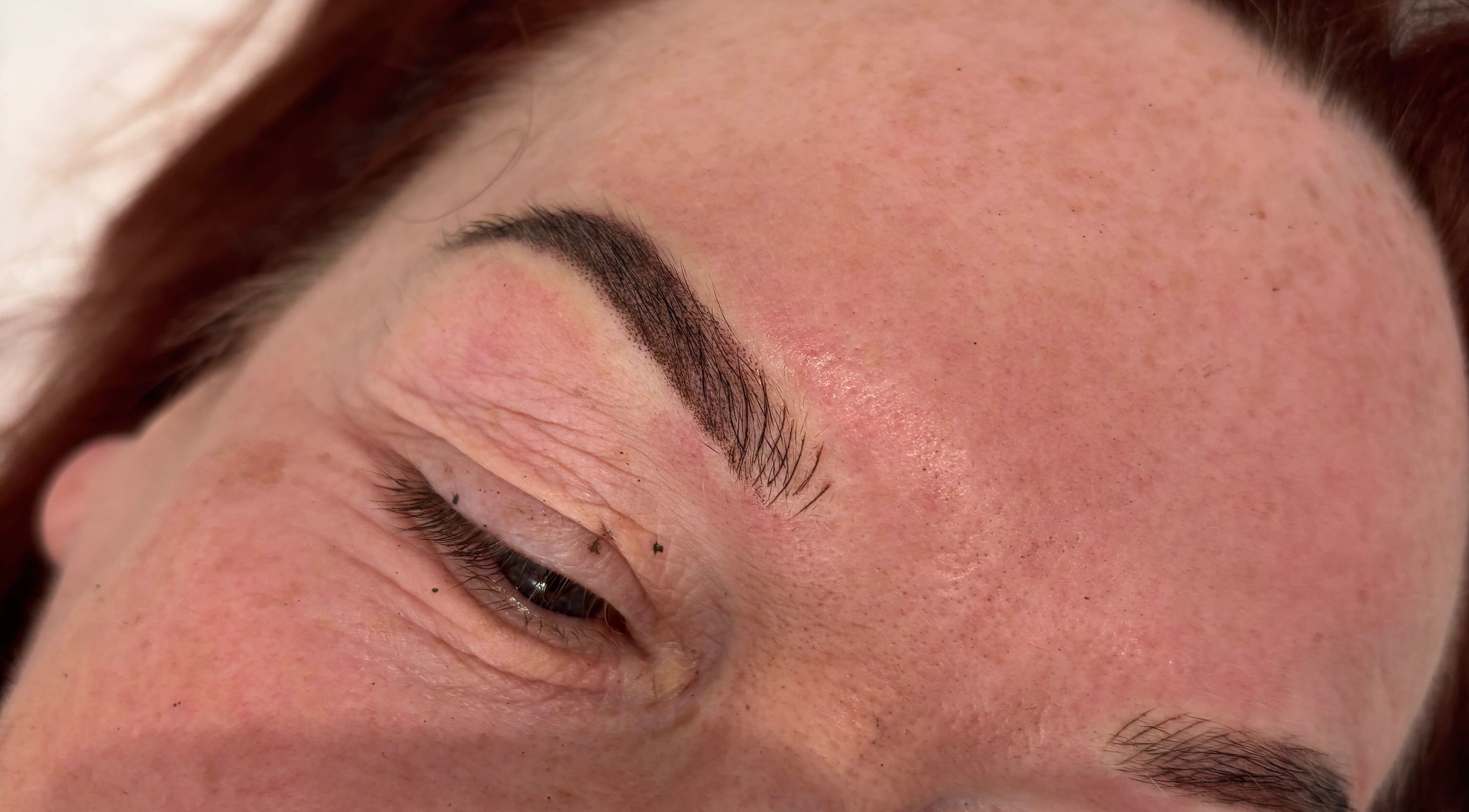 Microblading results at The Hideaway Clinic, Princes Risborough, England, GB showcasing finely detailed eyebrows.
