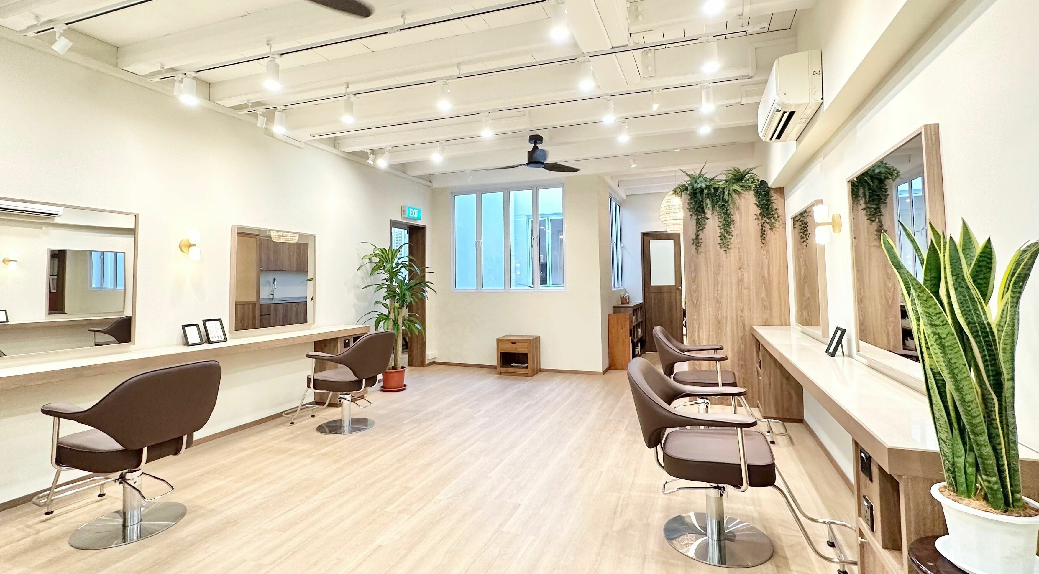 Modern interior of Hairstudio Flamingo - Tanjong Pagar in Singapore, featuring sleek styling chairs and natural decor.