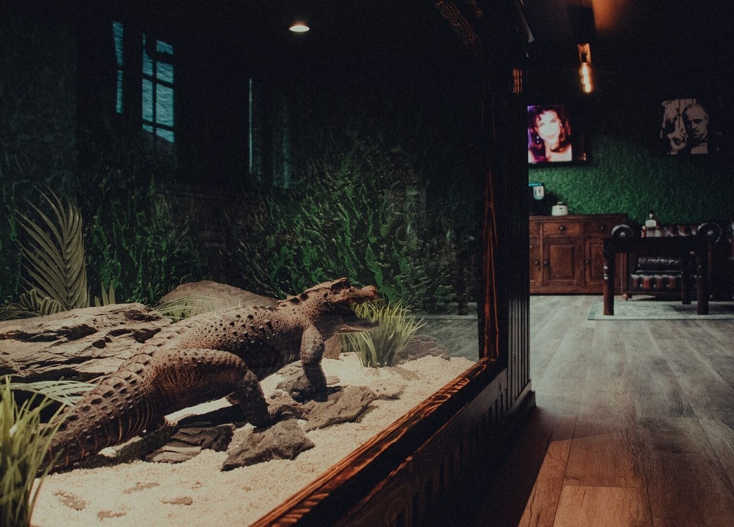 Interior of Alligator Barbers in Oslo, Oslo, NO featuring a decorative alligator display with vintage furnishings.
