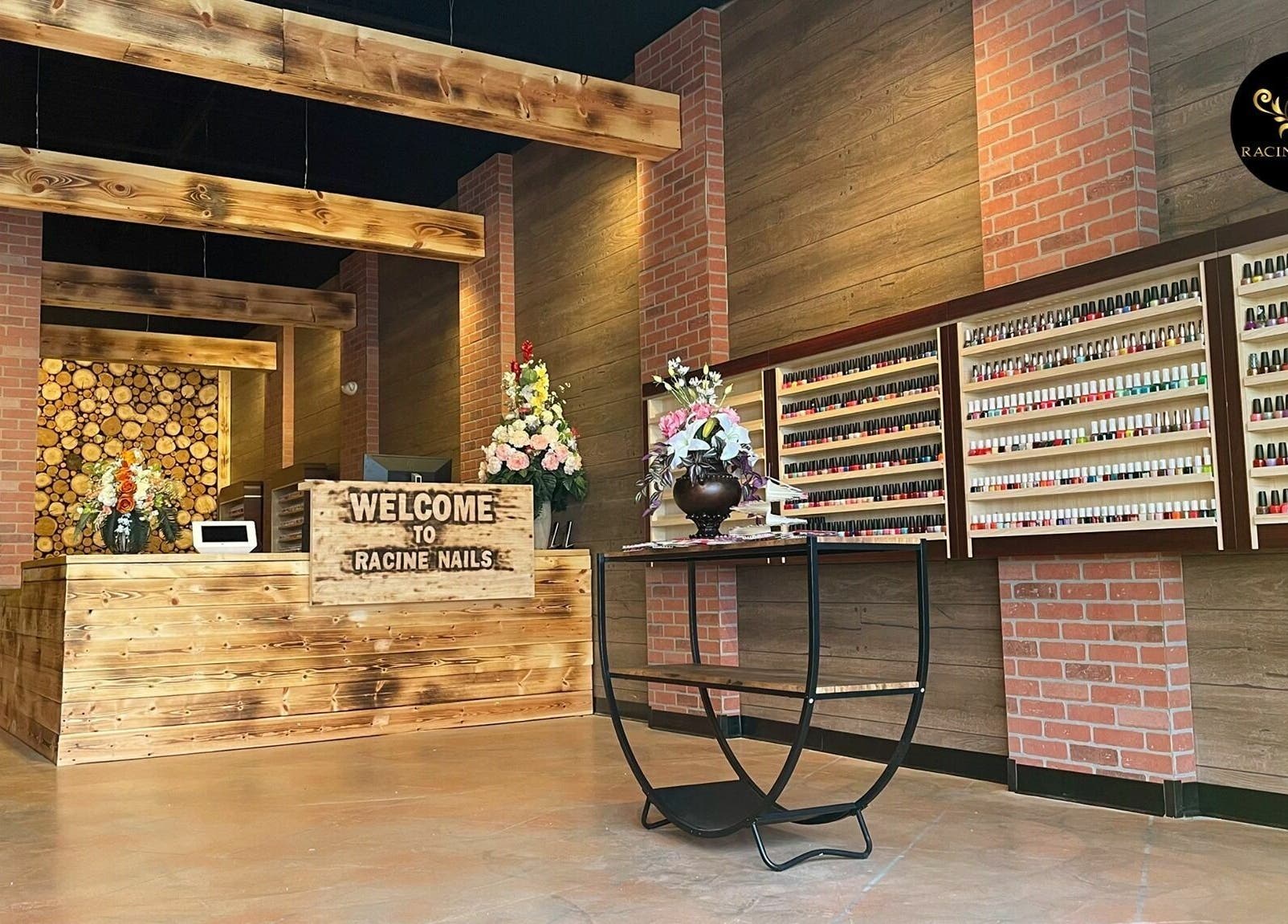 Chic Racine Nails reception with wooden decor in Racine, Wisconsin, US welcoming guests with elegance.