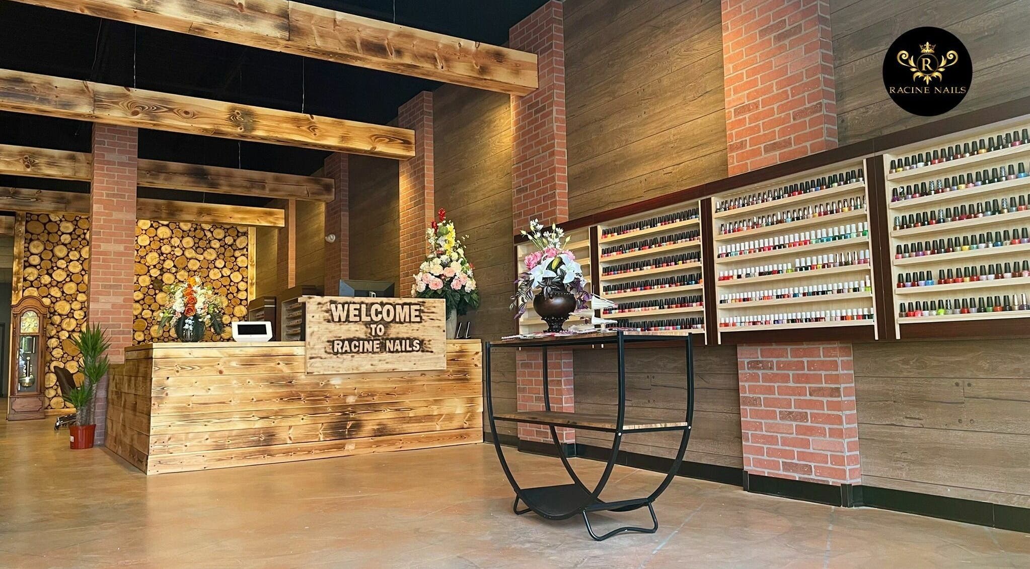 Chic Racine Nails reception with wooden decor in Racine, Wisconsin, US welcoming guests with elegance.