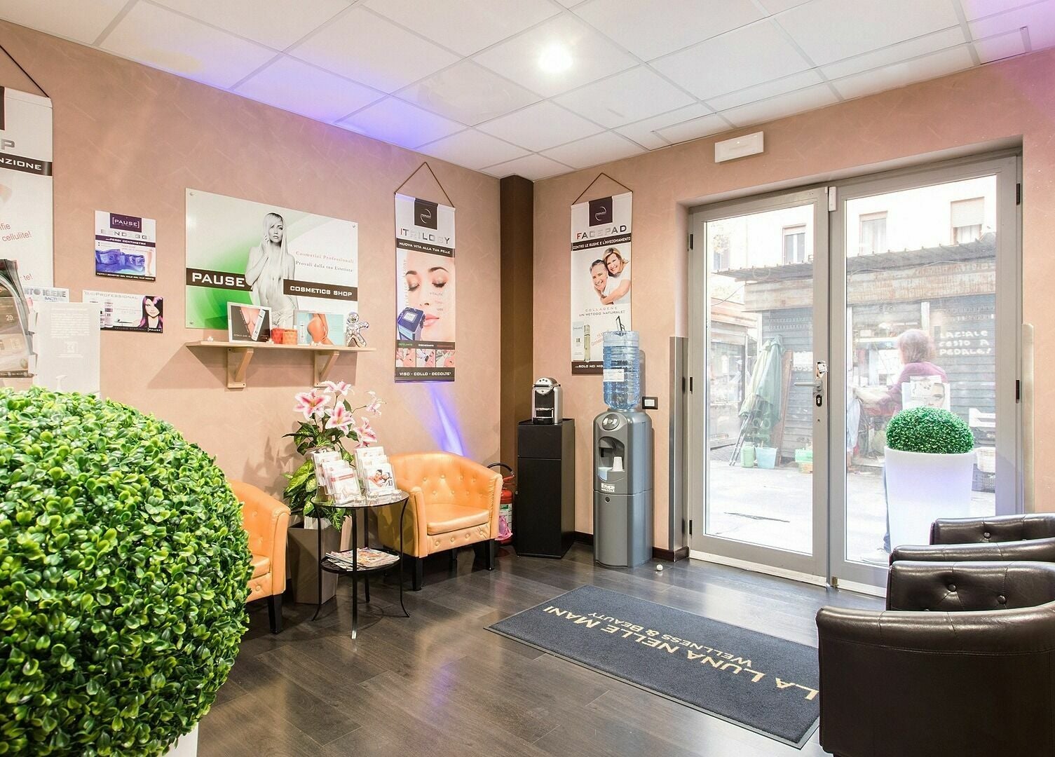 Entrata accogliente di La Luna Nelle Mani a Roma, Lazio, IT, con arredo elegante e piante decorative.