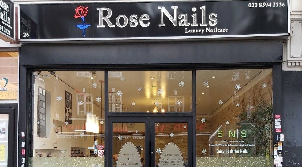 Front entrance of Rose Nails in Barking, England, showcasing luxury nailcare services.