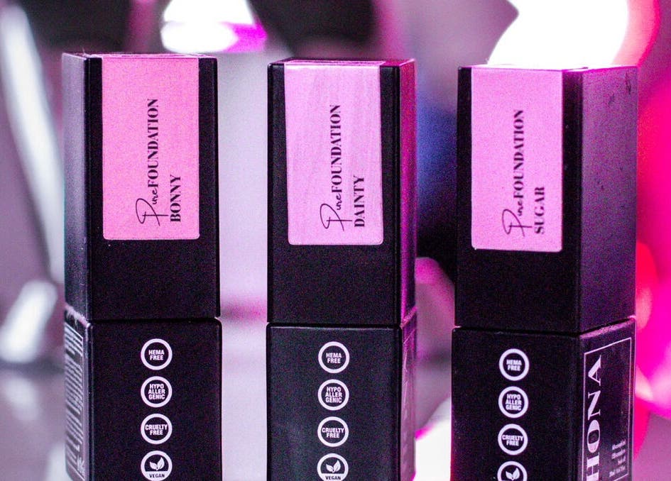 Three hypoallergenic foundations at Gee’s Beauty Gloucester, offering vegan-friendly options. Location: Gloucester, England, GB.