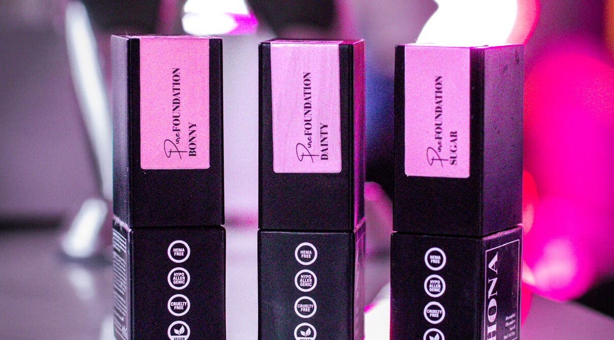 Three hypoallergenic foundations at Gee’s Beauty Gloucester, offering vegan-friendly options. Location: Gloucester, England, GB.