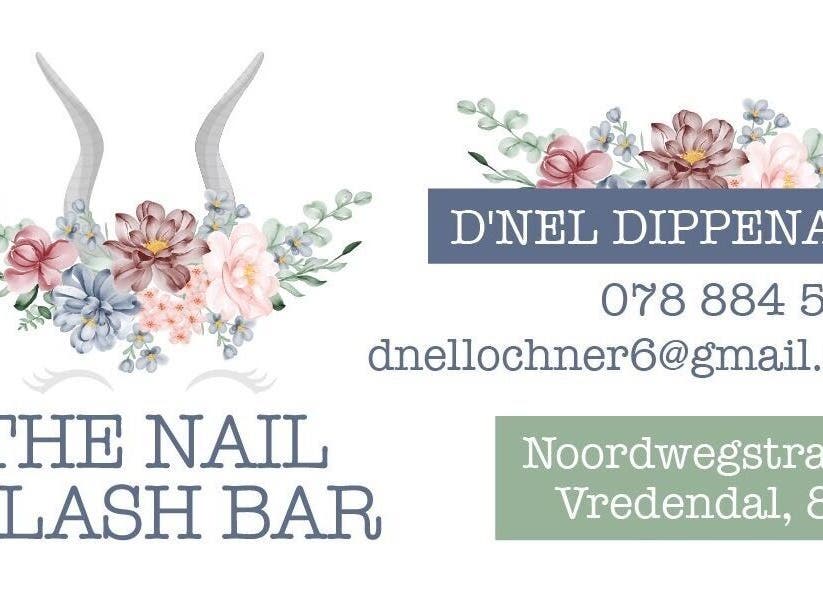 Floral logo of The Nail & Lash Bar, Vredendal, Western Cape, ZA, showcasing contact details and serene aesthetics.