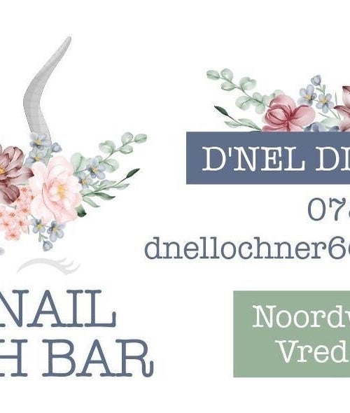 Floral logo of The Nail & Lash Bar, Vredendal, Western Cape, ZA, showcasing contact details and serene aesthetics.