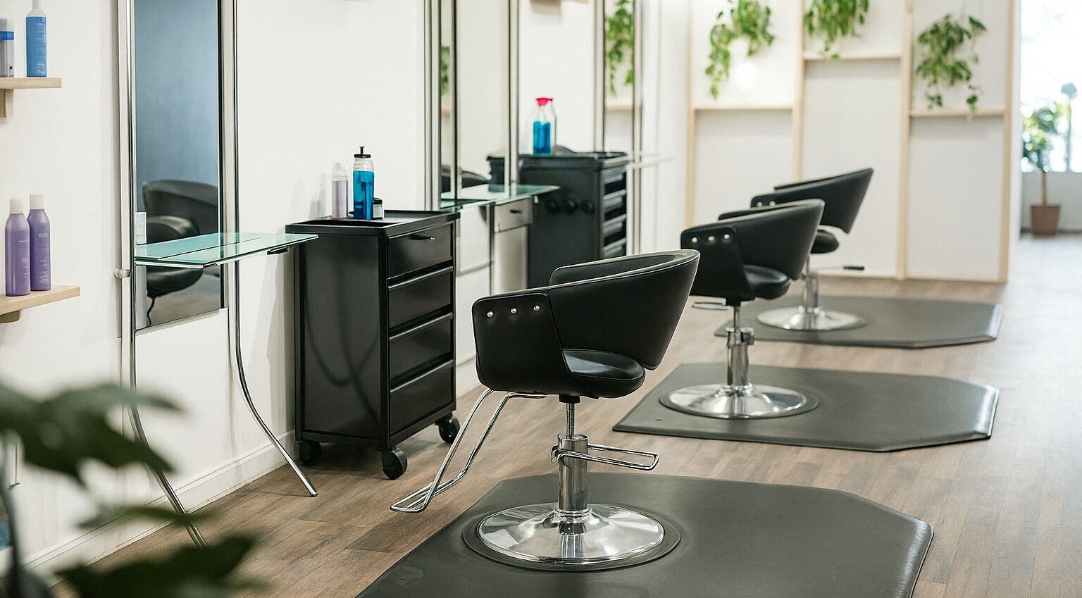 Chic styling chairs at Salon X, Taos, New Mexico, US, featuring modern design and lush greenery.